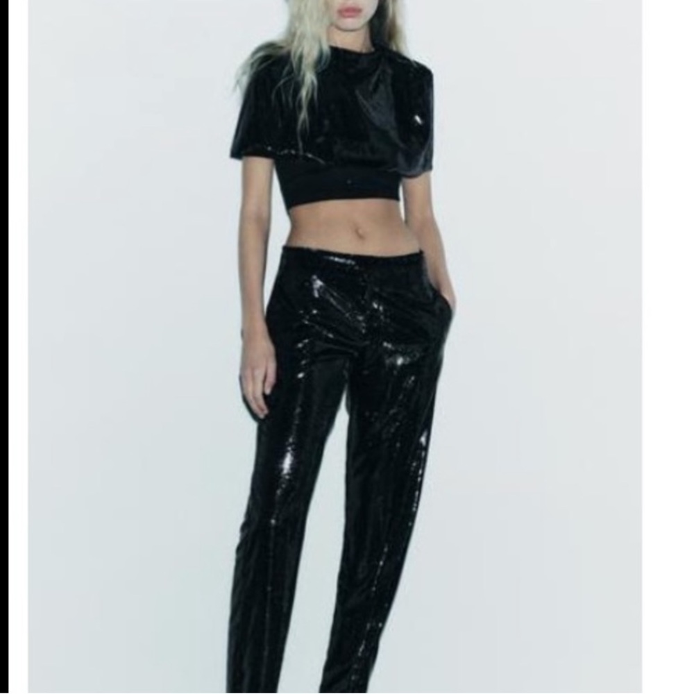 ZARA Limited Edition Set Shiny Velvet Pants + Cropped Shoulder Cape NWT